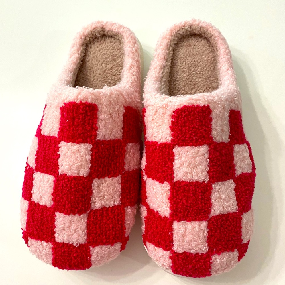 Women’s Hot Pink Plaid Checked Slip-On Faux Sherpa Houndstooth Slippers 6.5-11